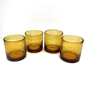 4 Bobby Flay Amber Etch Double Old Fashioned Lowball Rocks Glass Hand Blown HTF